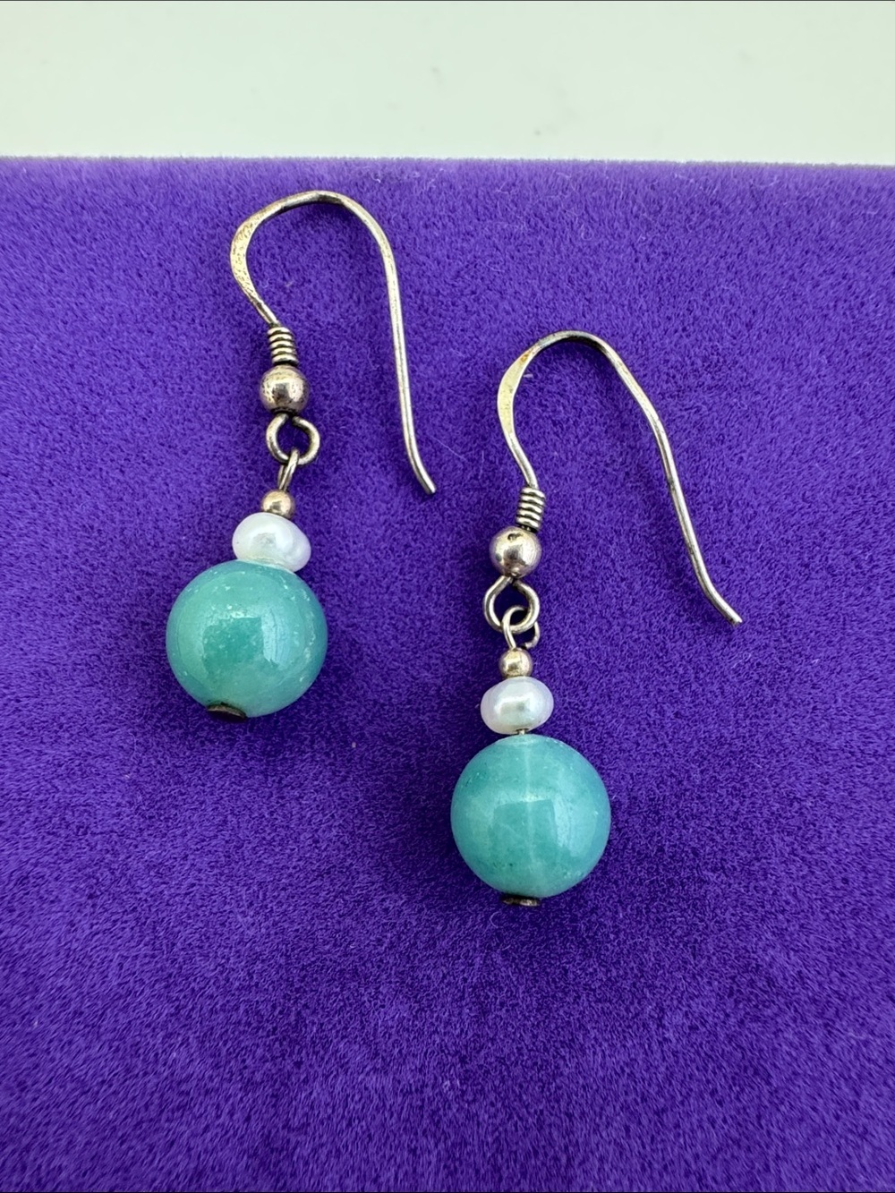 💛 Vintage Sterling Silver Amazonite Bead & Pearl Drop Earrings